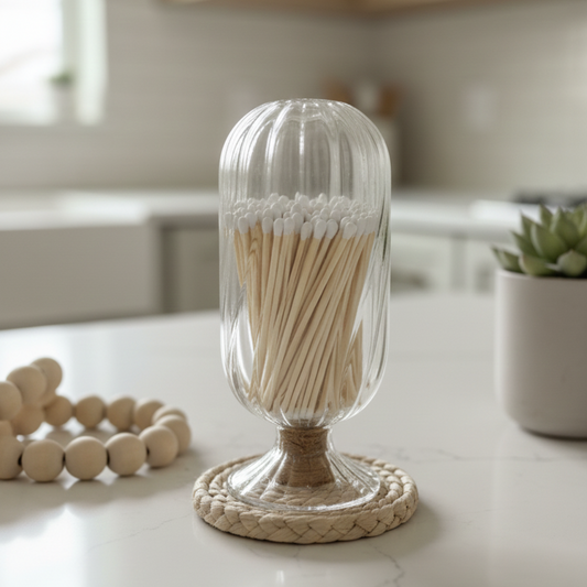 Cloche Match Holder with White-Tip Matches – Clear Swirl Glass Vessel with Side Striker - The Scented Market Lighters & Matches