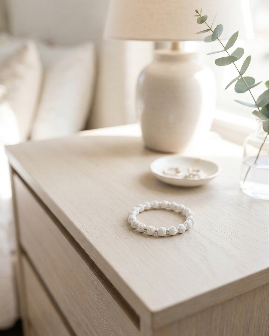 White Lava Stone Bracelet with Silver Beads – Aromatherapy Oil Bracelet