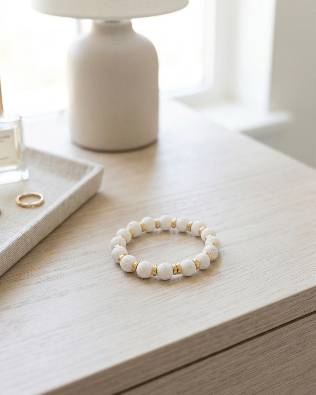 White Lava Stone Bracelet with Gold Beads – Aromatherapy Oil Bracelet