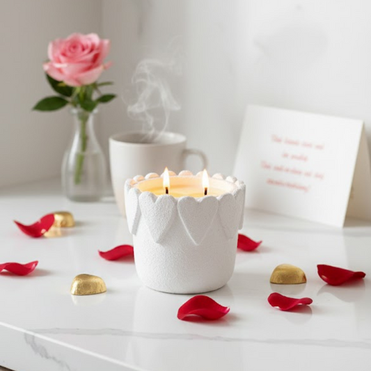 White ceramic candle holder with a lit candle on a table with rose petals and a cup of coffee.