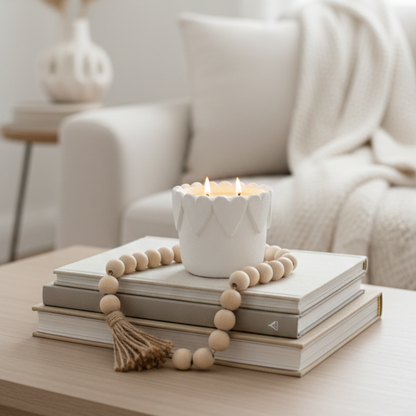 Candle in a white holder on books with wooden beads on a coffee table, blurred background