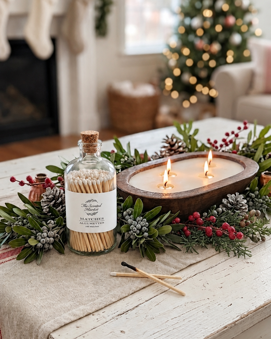 A holiday-themed tabletop scene with a glass bottle of tea tree oil cotton swabs, lit candles, and matches arranged in a festive green garland on a rustic white wooden table. A blurred Christmas tree and fireplace are visible in the background.