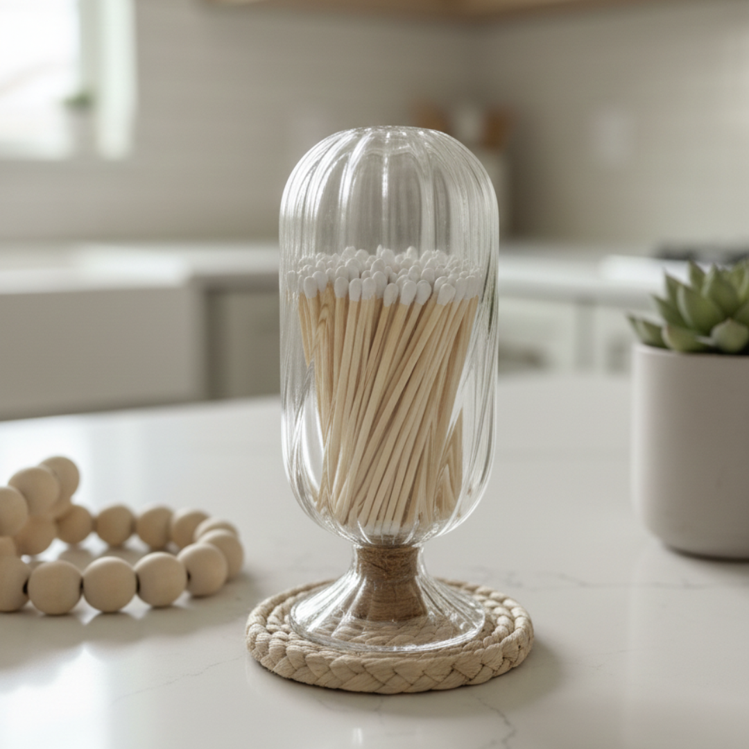 Cloche Match Holder with White-Tip Matches – Clear Swirl Glass Vessel with Side Striker - The Scented Market  Lighters & Matches   