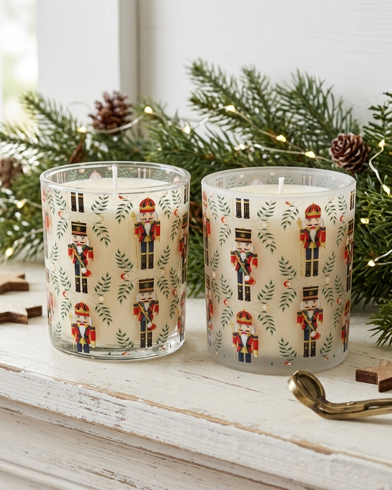 Two holiday-themed scented candles in clear glass holders with a cream wax base and a printed pattern of nutcrackers and evergreen branches, styled on a white wooden mantel with pine branches and pinecones.