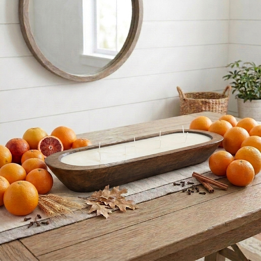 ORANGE CINNAMON CLOVE Long Dough Bowl Soy Candle | Scented Wooden Bowl Candle