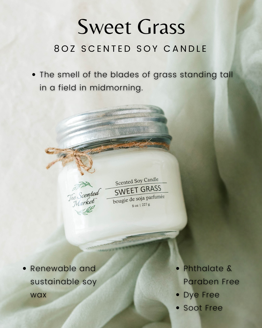 SWEET GRASS Soy Wax Candle 8 oz - The Scented Market  Candles   