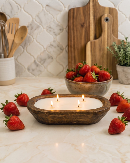 Brown Oval 4 Wick Dough Bowl Soy Candle - STRAWBERRY