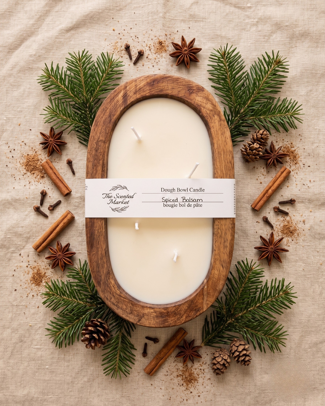 SPICED BALSAM Dough Bowl Soy Candle | Handcrafted 4 Wick Wooden Candle