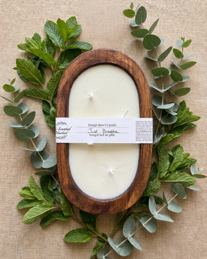 JUST BREATHE Dough Bowl Soy Candle | Handcrafted 4 Wick Wooden Candle