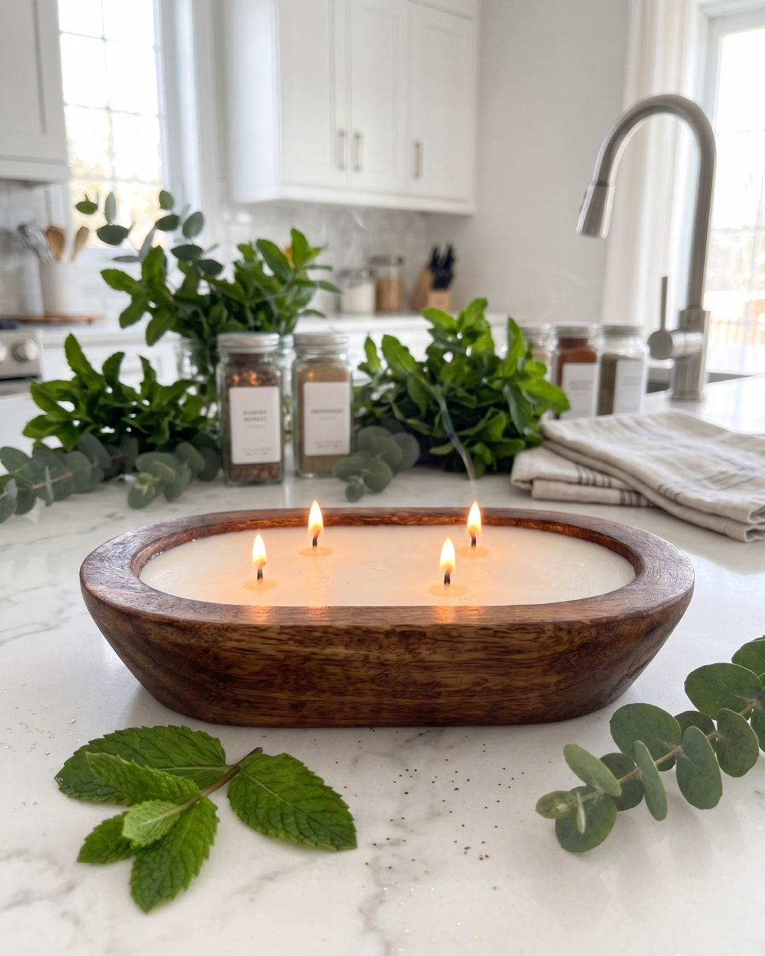 JUST BREATHE Dough Bowl Soy Candle | Handcrafted 4 Wick Wooden Candle
