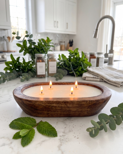 JUST BREATHE Dough Bowl Soy Candle | Handcrafted 4 Wick Wooden Candle