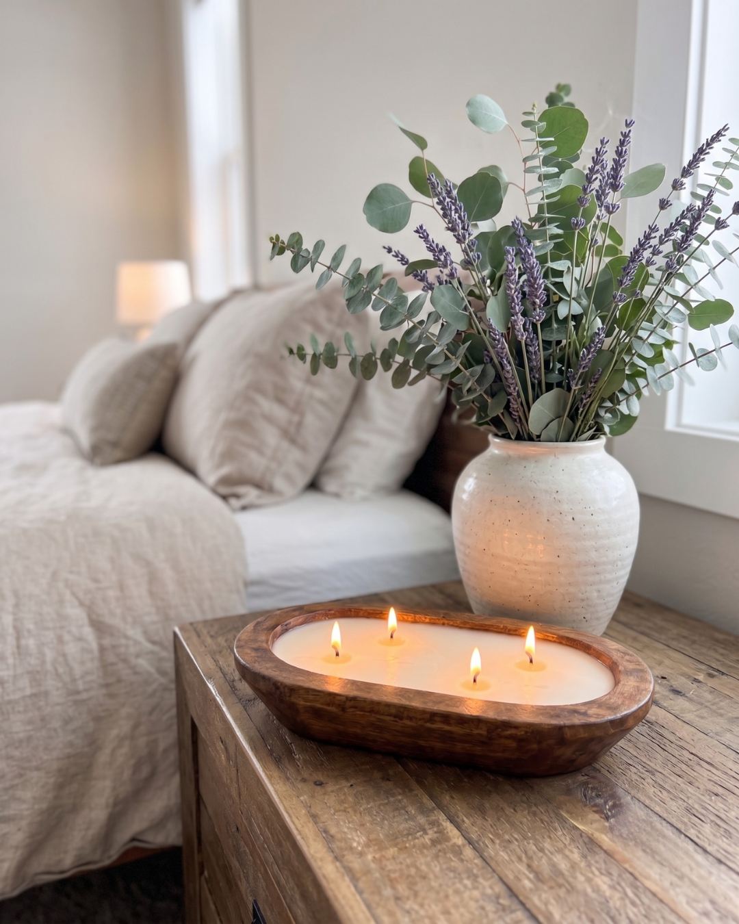 EUCALYPTUS LAVENDER Dough Bowl Soy Candle | Handcrafted 4 Wick Wooden Candle
