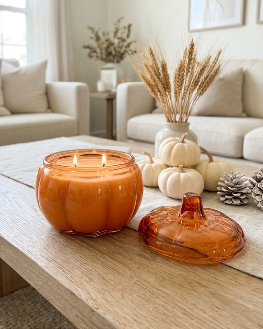 ORANGE Glass Pumpkin 2 Wick Soy Candle | Pumpkin Spice Cake