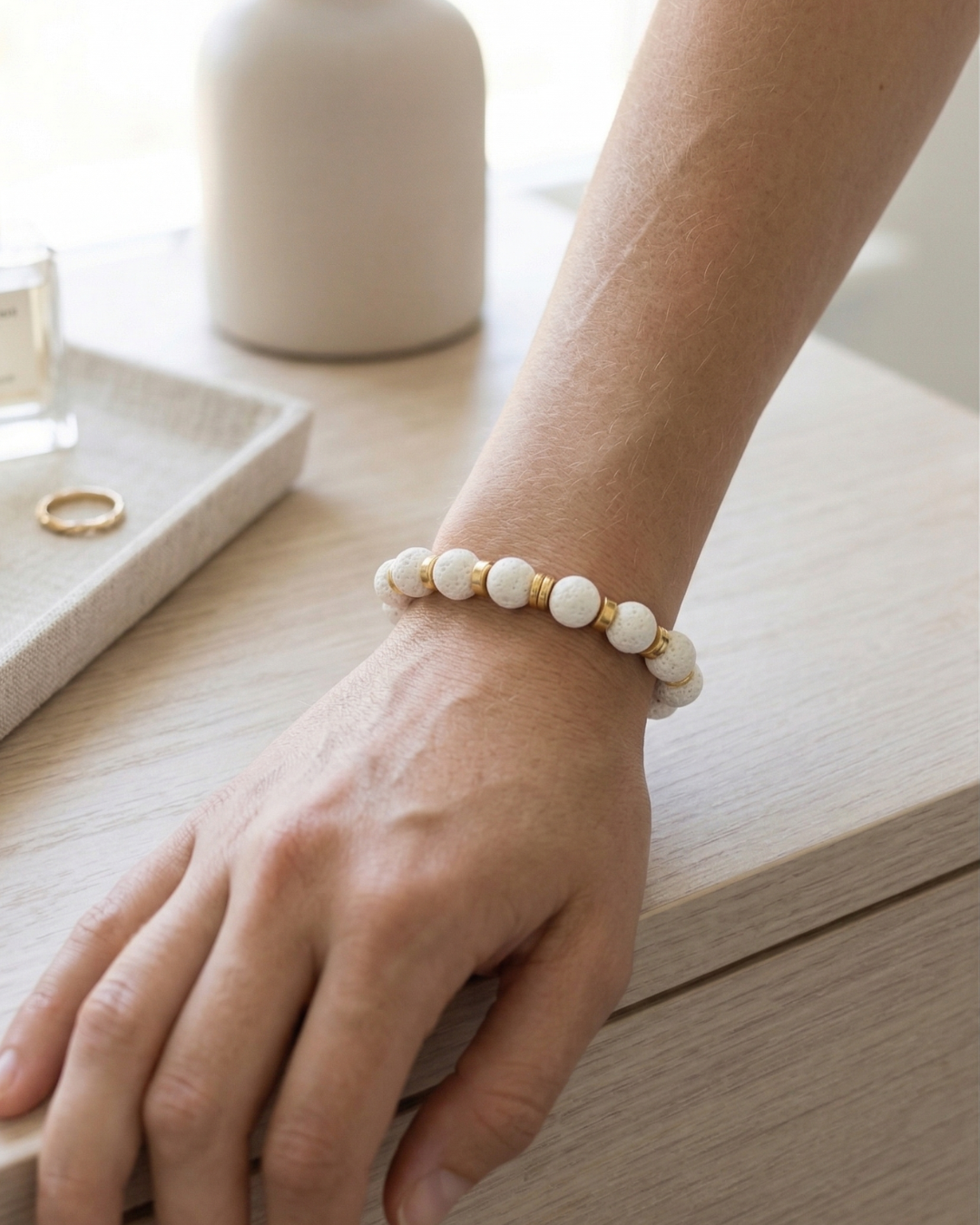White Lava Stone Bracelet with Gold Beads – Aromatherapy Oil Bracelet