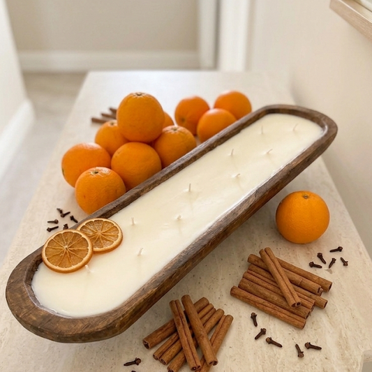 ORANGE CINNAMON CLOVE Extra Long Dough Bowl Soy Candle | Scented Wooden Bowl Candle